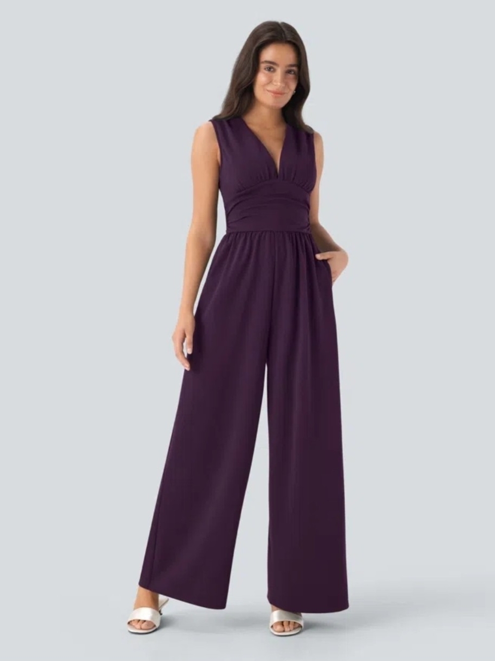 HALARA NWOT V Neck Sleeveless Ruched Pocket Jumpsuit-Easy Peezy L Purpl (205BAG)